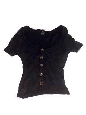 Forever 21 Black Short Sleeve Ribbed Button-Up Top